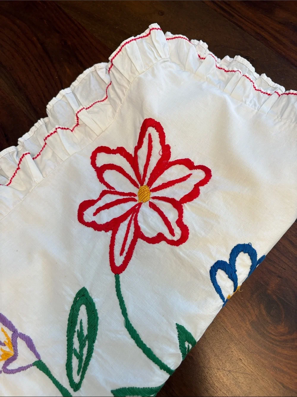 Vintage Embroidered Floral Pillow Sham White with Pink, Red, Green, Blue Accents